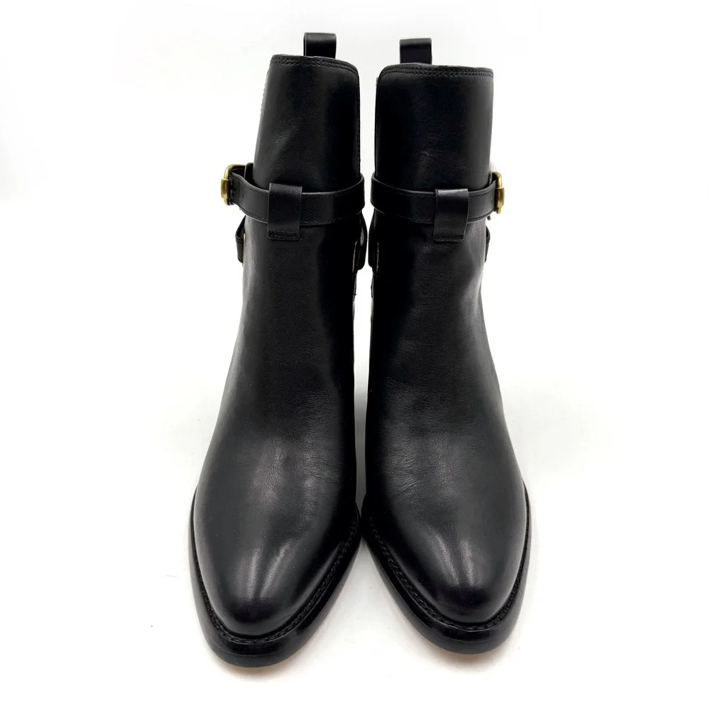 Veronica Beard Sohelia Low Boots Black Leather Buckle‎ Ankle Block Heel Sz 7.5